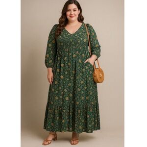Torrid Dress Women 1X Green Floral Smocked Bodice Boho
Cottagecore Peasant Midi